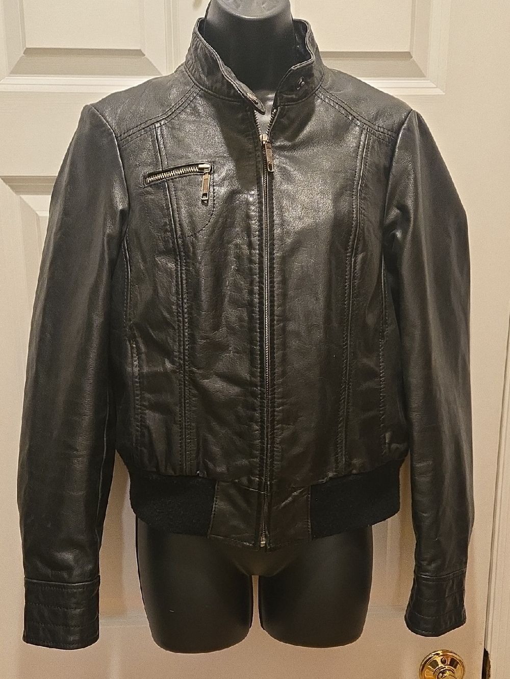 Genuine Buffalo Leather Bomber Jacket Women's XS Zip Front Moto Black Ribbed
